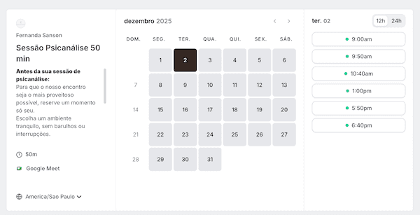 Escolhendo o agendamento da sessão